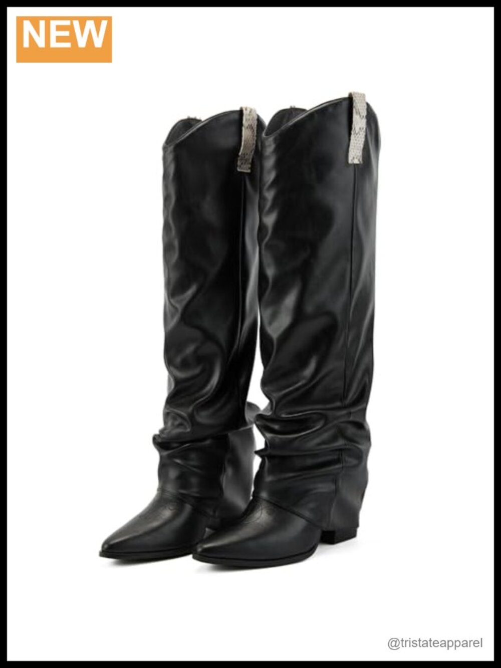 Faux Leather Fold Over Knee High Western Boots Pointed Toe Block Heel